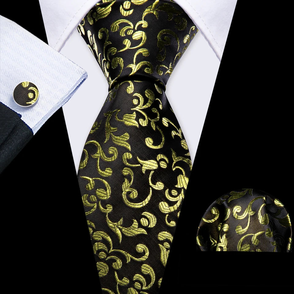 Barry.Wang Jacquard Gold & Yellow Men's Tie With Pocket Square Cufflinks Set Exquisiet Necktie For Male Wedding Business