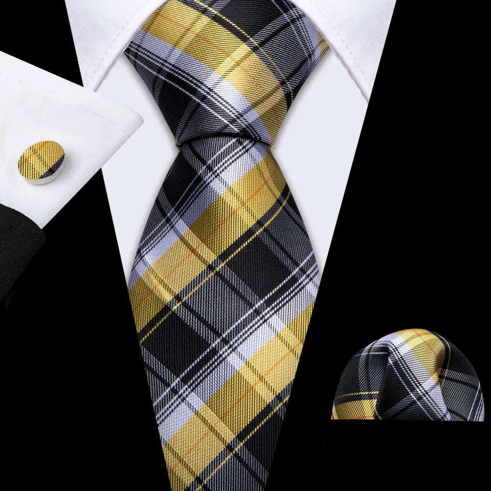 Barry.Wang Jacquard Gold & Yellow Men's Tie With Pocket Square Cufflinks Set Exquisiet Necktie For Male Wedding Business