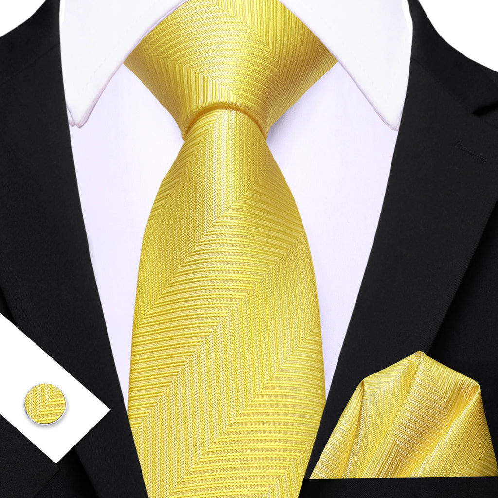 Barry.Wang Jacquard Gold & Yellow Men's Tie With Pocket Square Cufflinks Set Exquisiet Necktie For Male Wedding Business