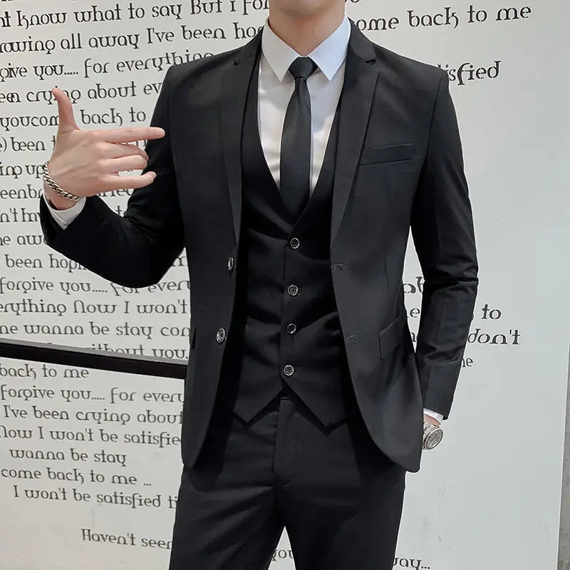 Solid Color Suit Men's Fashionable Gentleman Business Banquet Korean-style Formal Dress Casual Wedding (Blazer+Vest+Trousers)