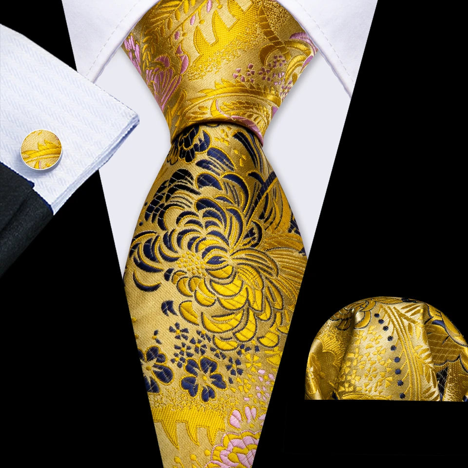 Barry.Wang Jacquard Gold & Yellow Men's Tie With Pocket Square Cufflinks Set Exquisiet Necktie For Male Wedding Business
