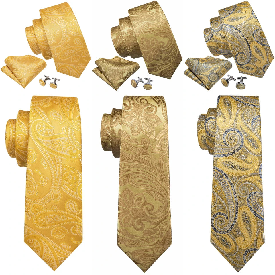 Barry.Wang Jacquard Gold & Yellow Men's Tie With Pocket Square Cufflinks Set Exquisiet Necktie For Male Wedding Business