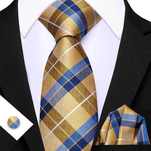 Barry.Wang Jacquard Gold & Yellow Men's Tie With Pocket Square Cufflinks Set Exquisiet Necktie For Male Wedding Business