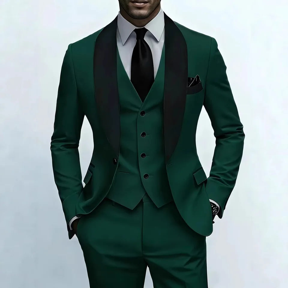 Men'S Green Leaf Collar Three-piece Formal Suit | Contrasting Color Design, Tailored Fit, Includes Vest, Shirt, Pants, Suitable