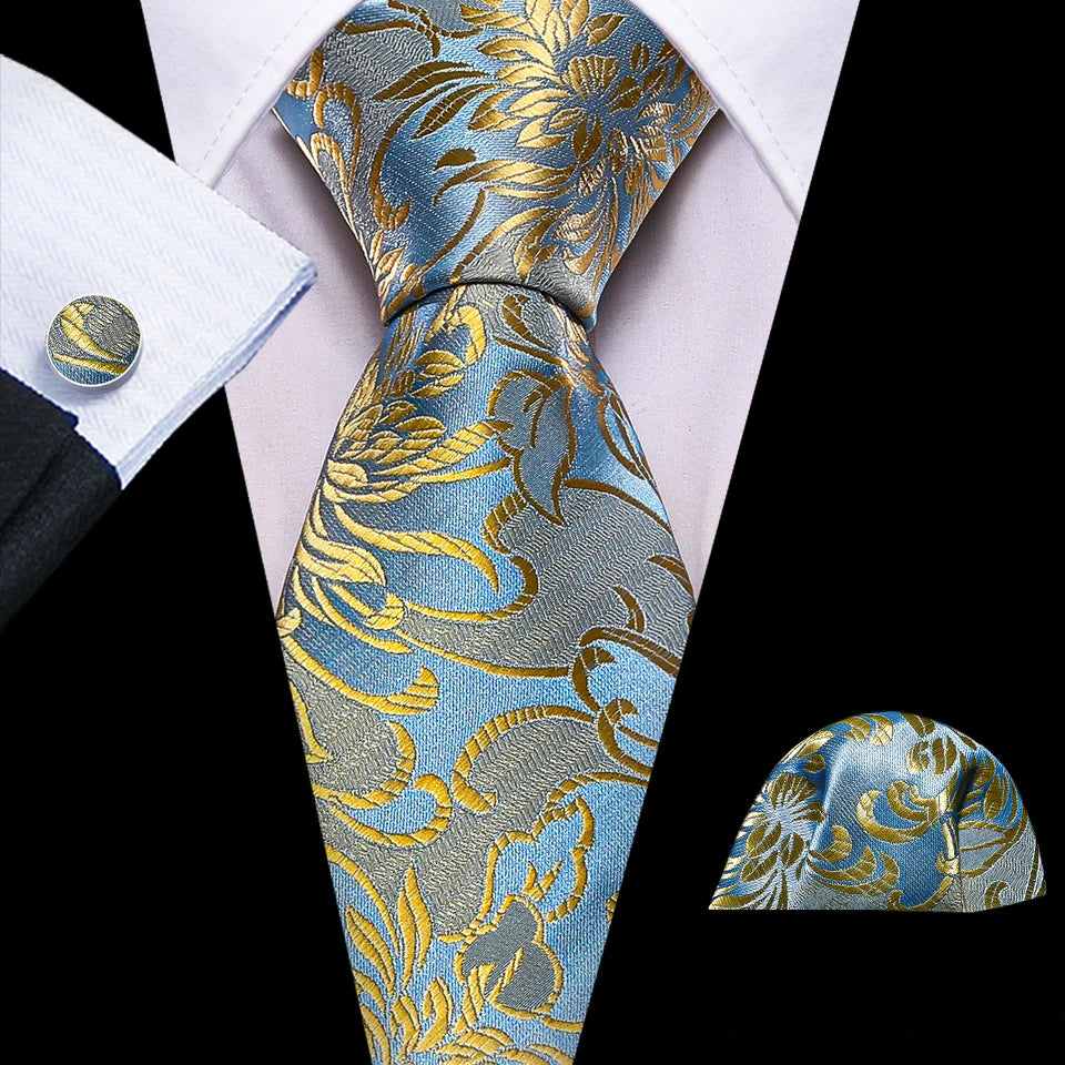 Barry.Wang Jacquard Gold & Yellow Men's Tie With Pocket Square Cufflinks Set Exquisiet Necktie For Male Wedding Business
