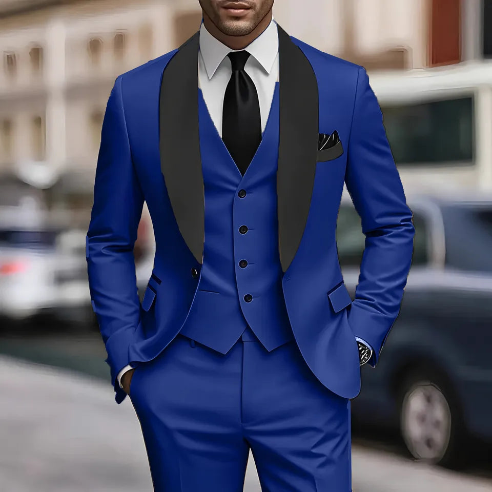 Men'S Green Leaf Collar Three-piece Formal Suit | Contrasting Color Design, Tailored Fit, Includes Vest, Shirt, Pants, Suitable